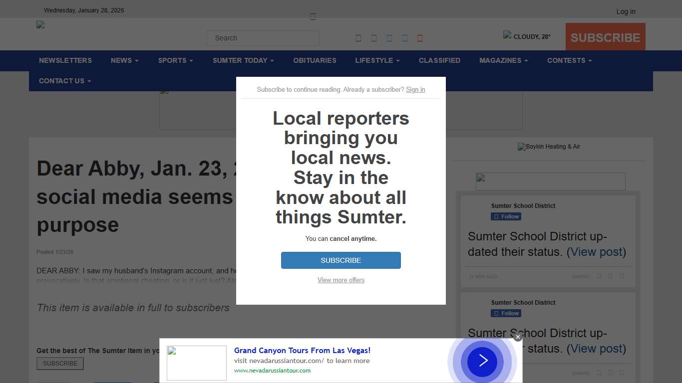 Dear Abby, Jan. 23, 2026: Husband's social media seems to serve one purpose - The Sumter Item