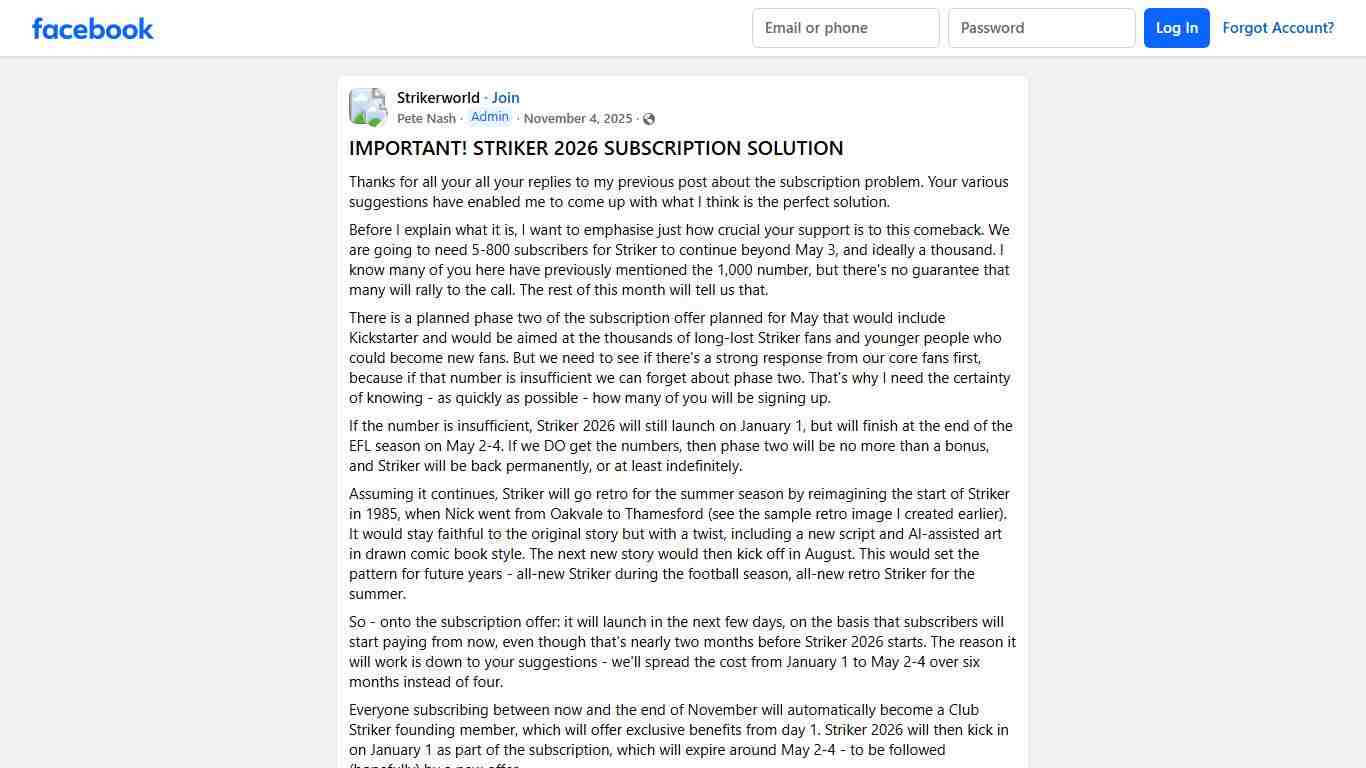 Strikerworld # **IMPORTANT! STRIKER 2026 SUBSCRIPTION SOLUTION ** Facebook